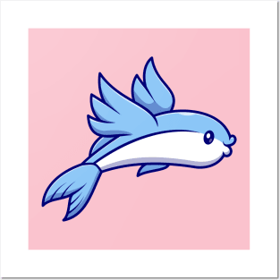 Cute Flying Fish Swimming Cartoon Posters and Art